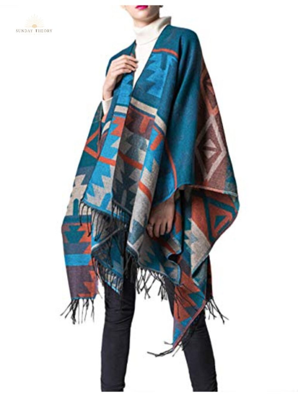 Womens Open Front Poncho Sweater Geometric Print Fringe Cape Shawl